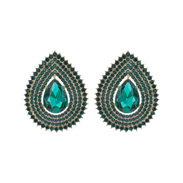 Green Tri-Halo Teardrop Stud Earrings