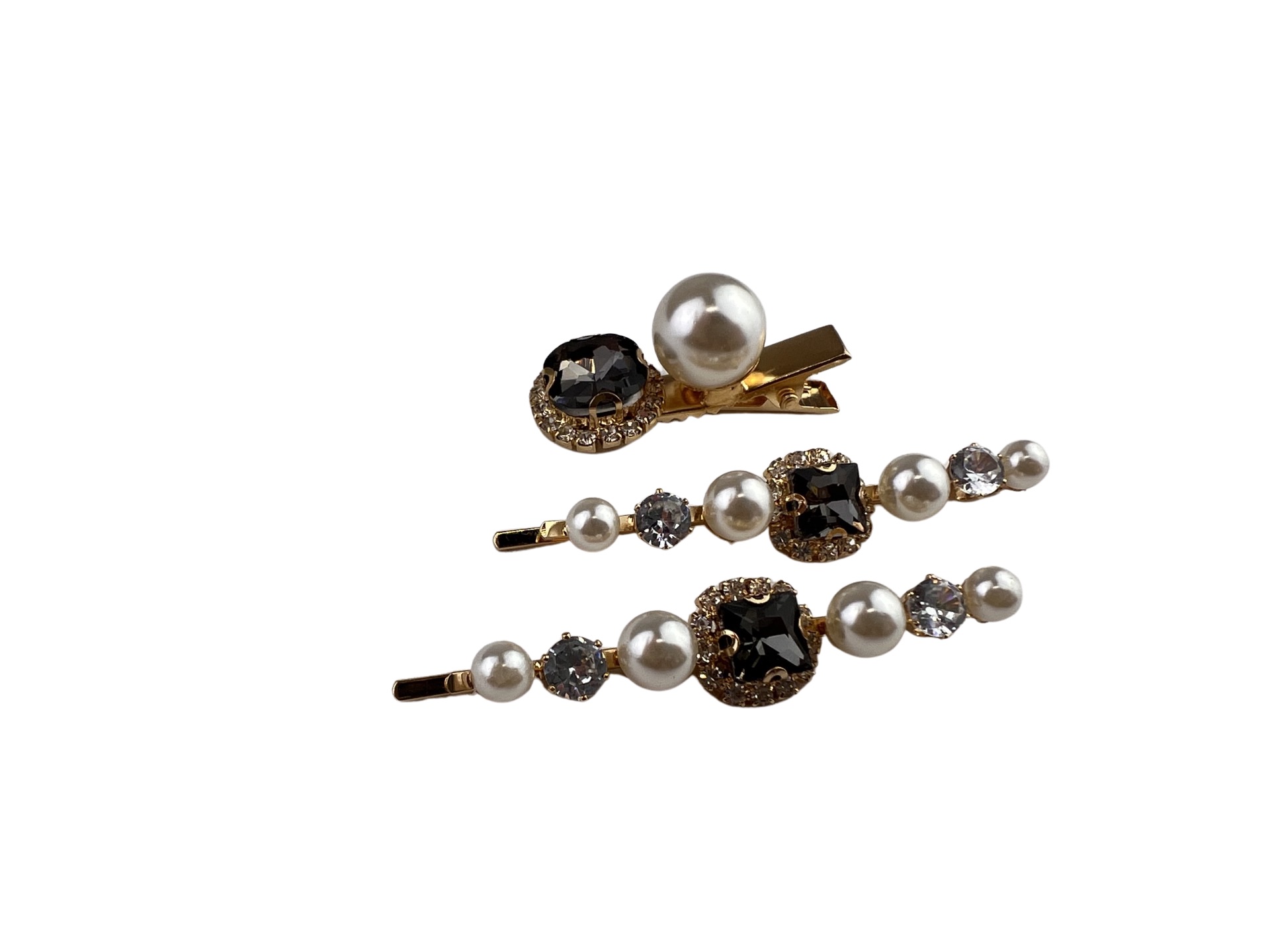 Charcoal Crystal & Pearl Hair Clips 3pcs
