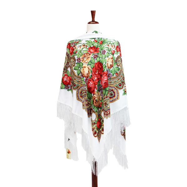 Russian Shawl - White with Red & Orange Flowers